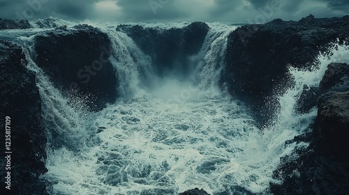 Dramatic ocean waterfall crashing on rocks, stormy sky photo