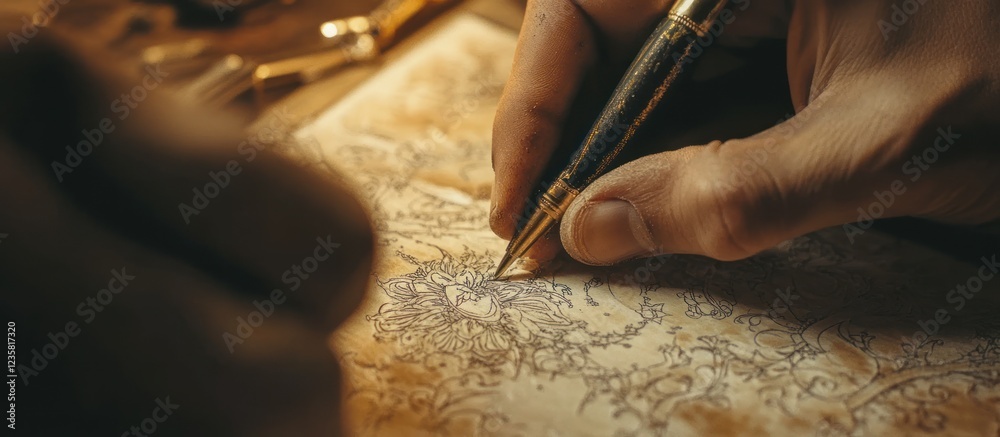 Obraz premium Close-up of a hand writing on a parchment paper with a pen.