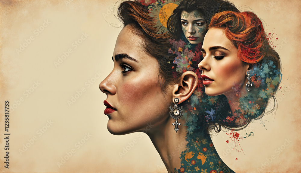 Obraz premium International globe, artistic composite of women's profiles, floral elements, vintage style, copy space