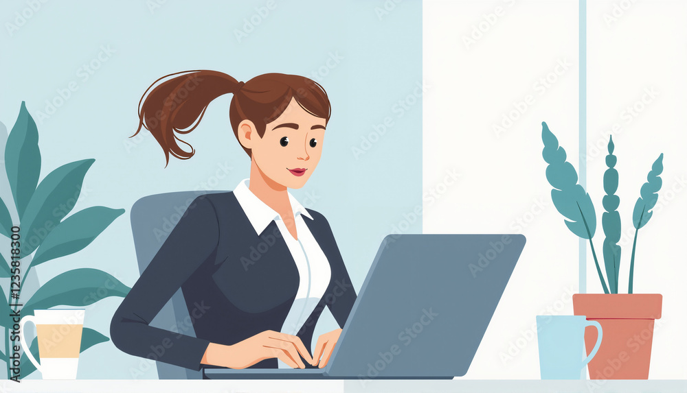Businesswoman working cheerfully on laptop in bright office with plants and coffee cup Businesswoman working cheerfully on laptop in bright office with plants and coffee cup