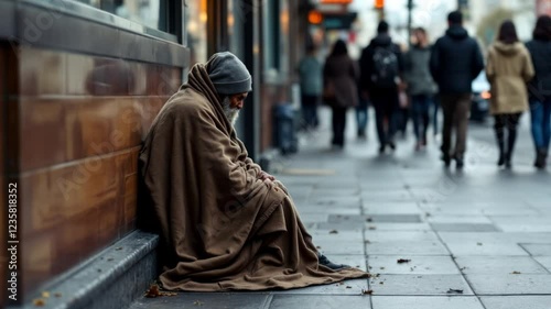 Homeless Person Sitting on a City Street with Pedestrians Passing By
