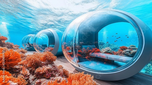 Underwater hotel rooms, coral reef, ocean, luxury photo