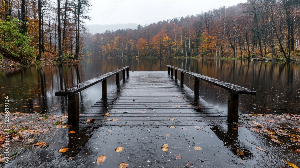 Obraz premium Autumnal lake pier, misty forest reflection, serene landscape, nature photography