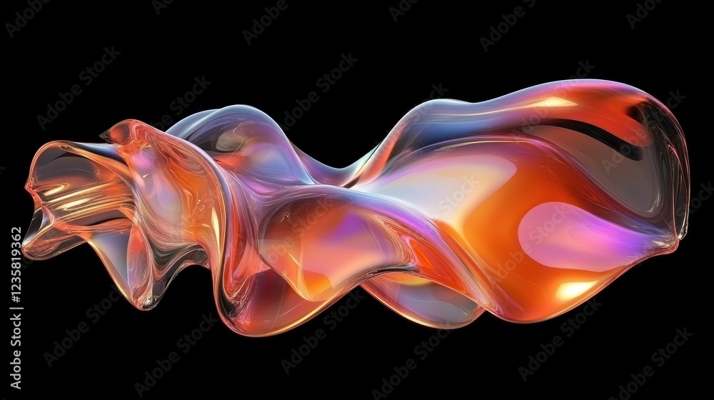 Obraz premium Curved waves of molten glass abstract banner. Holographic texture in Y2K style. 3d render of transparent plastic. Fluid background with an iridescent smooth surface. Trendy futuristic motion design.