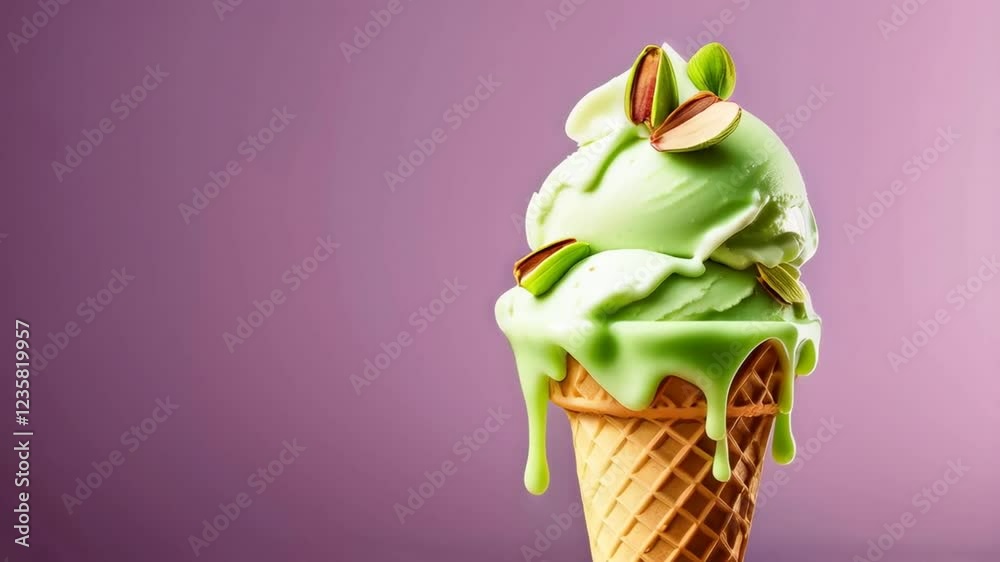 Melting pistachio ice cream cone dripping against pastel background