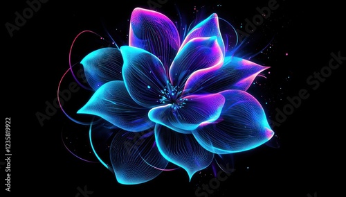 A luminous wireframe flower in vibrant blue and purple hues glowing against a dark black background, showcasing futuristic design.