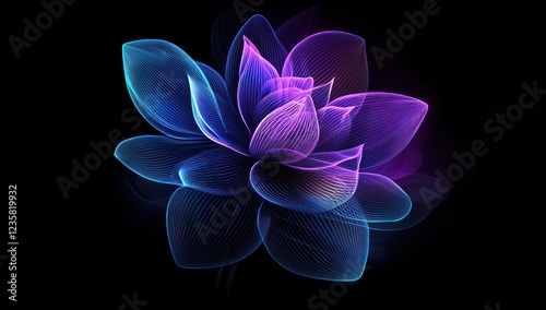 A luminous wireframe flower in vibrant blue and purple hues glowing against a dark black background, showcasing futuristic design.