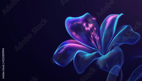 A luminous wireframe flower in vibrant blue and purple hues glowing against a dark black background, showcasing futuristic design.