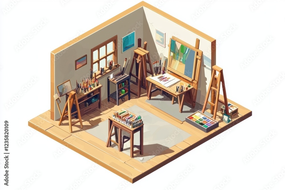 Isometric view of a cozy artist's studio with wooden furniture, easels, paints, and art supplies. Isometric view of a cozy artist's studio with wooden furniture, easels, paints, and art supplies.