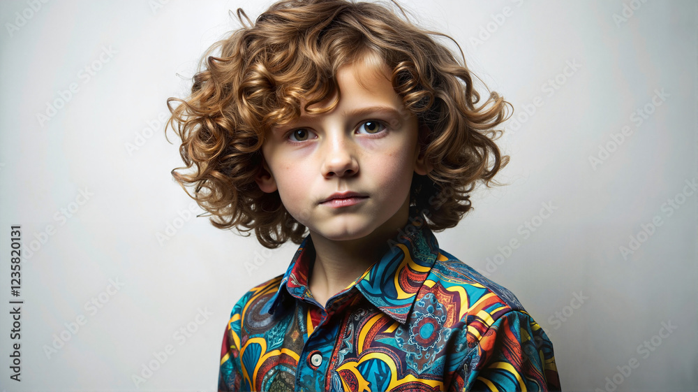 Young curly-haired boy in a colorful shirt looking serious Young curly-haired boy in a colorful shirt looking serious