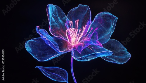 A luminous wireframe flower in vibrant blue and purple hues glowing against a dark black background, showcasing futuristic design.