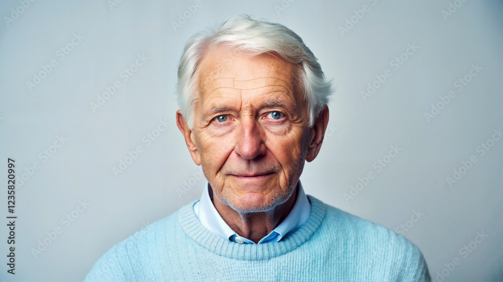 Elderly man with white hair in blue sweater smiling Elderly man with white hair in blue sweater smiling