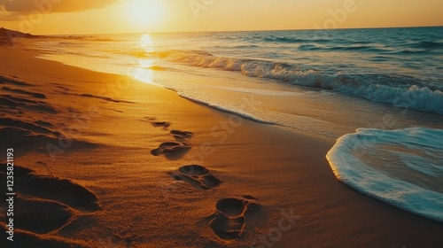 Footprints in sand on ocean beach at sunset. Marine coast landscape. Loneliness and grief from loss of loved ones. Banner for Travel Agency. Concept of tropical summer vacation for poster, print, ads