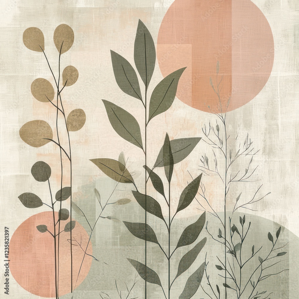custom made wallpaper toronto digitalModern abstract artwork featuring minimalist botanical elements in muted green, beige, and peach tones on a textured background