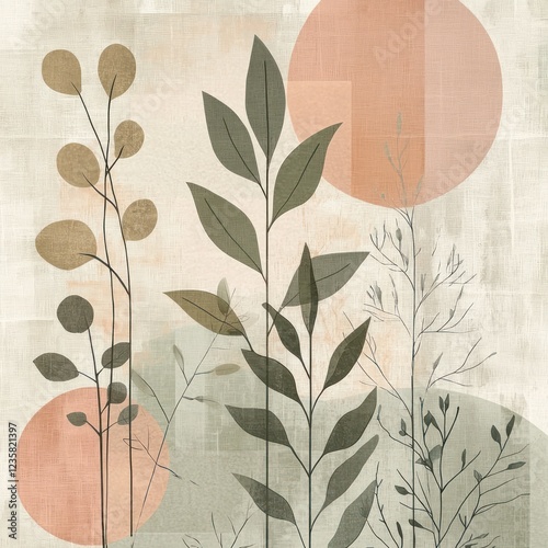 Wallpaper Mural Modern abstract artwork featuring minimalist botanical elements in muted green, beige, and peach tones on a textured background Torontodigital.ca
