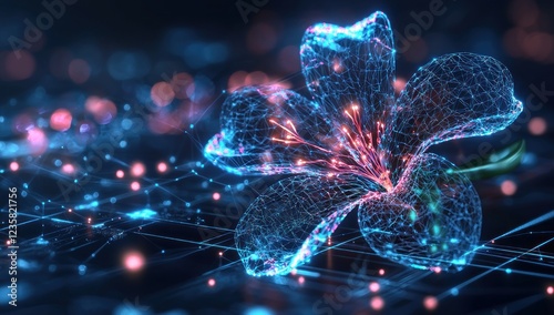 Glowing digital flowers with neon-like lines and nodes, showcasing a blend of futuristic technology and natural aesthetics