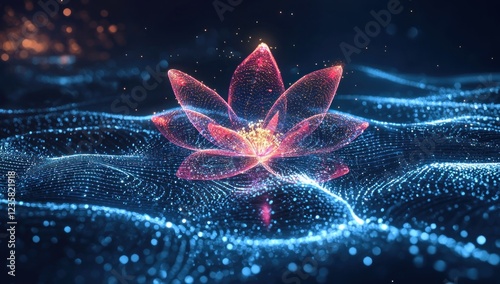 Glowing digital flowers with neon-like lines and nodes, showcasing a blend of futuristic technology and natural aesthetics
