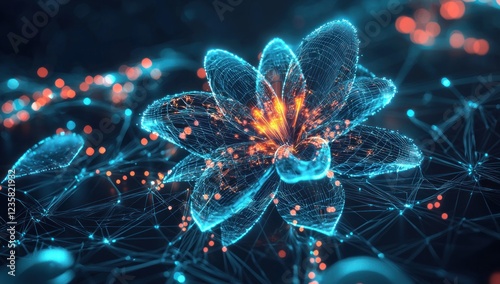 Glowing digital flowers with neon-like lines and nodes, showcasing a blend of futuristic technology and natural aesthetics
