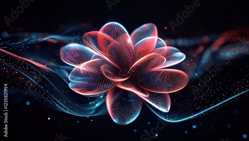 Glowing digital flowers with neon-like lines and nodes, showcasing a blend of futuristic technology and natural aesthetics