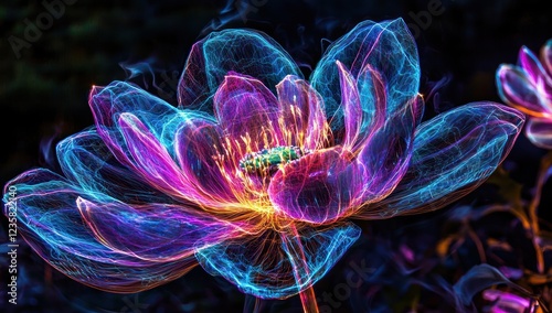 Vibrant neon flowers with glowing petals and intricate futuristic details, blending nature's elegance with advanced technology