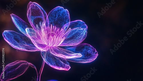 Vibrant neon flowers with glowing petals and intricate futuristic details, blending nature's elegance with advanced technology