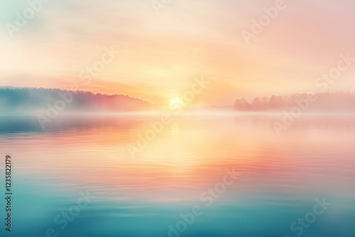 Peaceful sunrise reflecting vibrant pastel colors on a tranquil lake surrounded by soft mist and distant trees