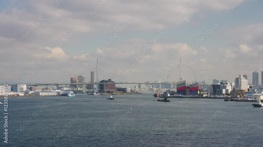 Osaka Japan, Beautiful Bay and City Background with Boats and Submarine Osaka Japan, Beautiful Bay and City Background with Boats and Submarine