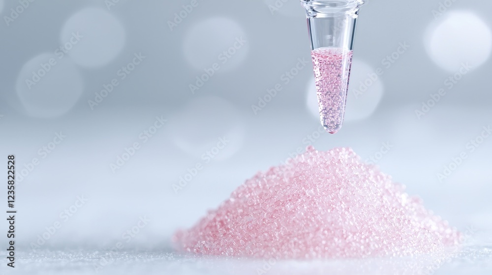 Pink microspheres being dispensed; lab research