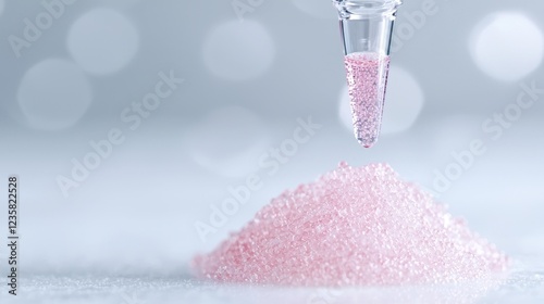 Pink microspheres being dispensed; lab research