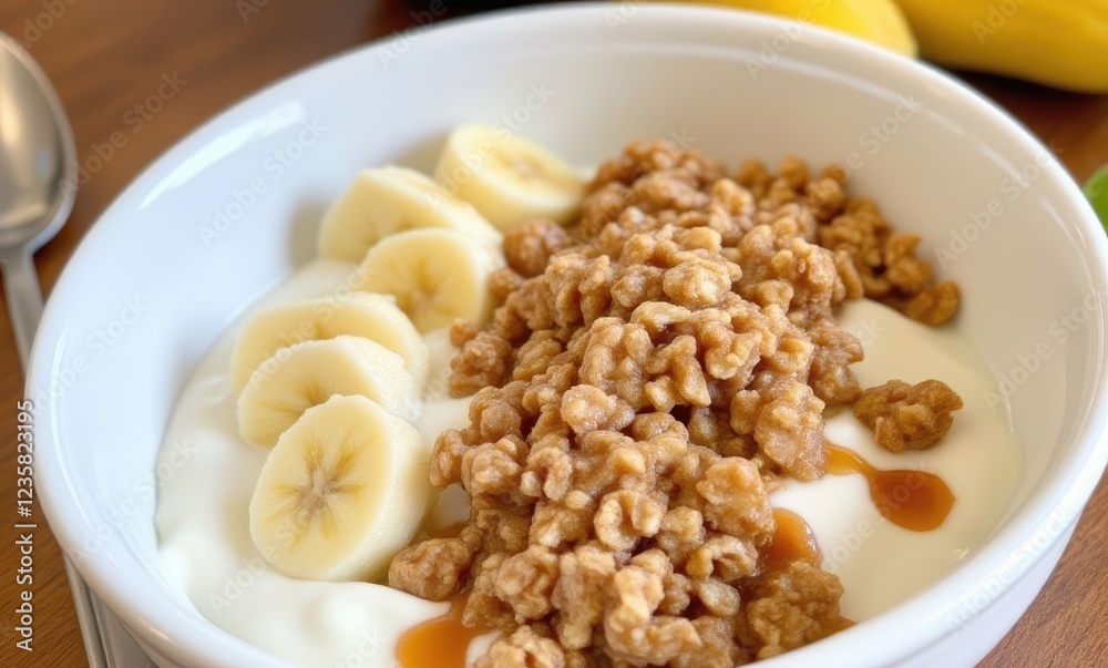 Delicious yogurt with bananas and cereal Delicious yogurt with bananas and cereal