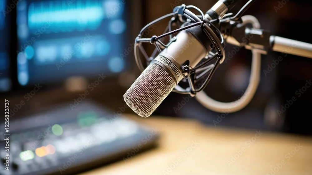 Studio microphone recording podcast, audio editing software background Studio microphone recording podcast, audio editing software background