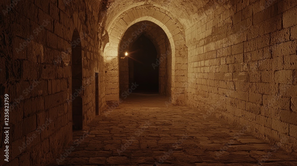 Obraz premium Dark Stone Corridor with Archways and Soft Flickering Light
