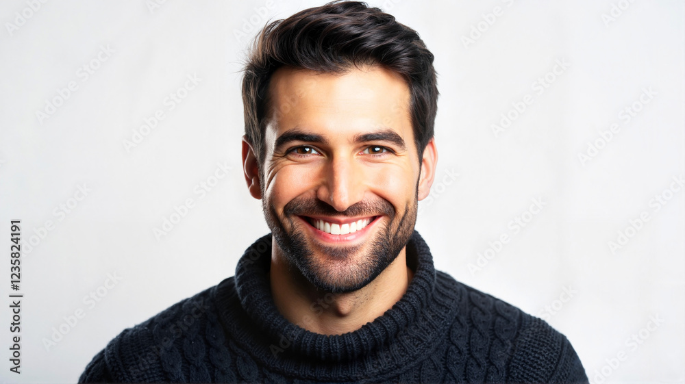 Handsome man in dark sweater smiling confidently