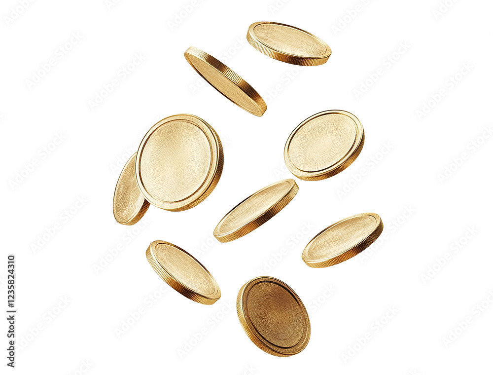 Obraz premium Floating gold coins in motion, isolated on transparent cutout background