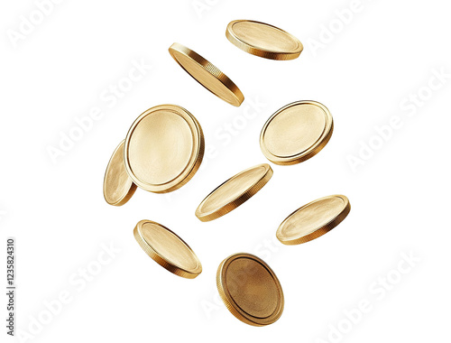 Floating gold coins in motion, isolated on transparent cutout background