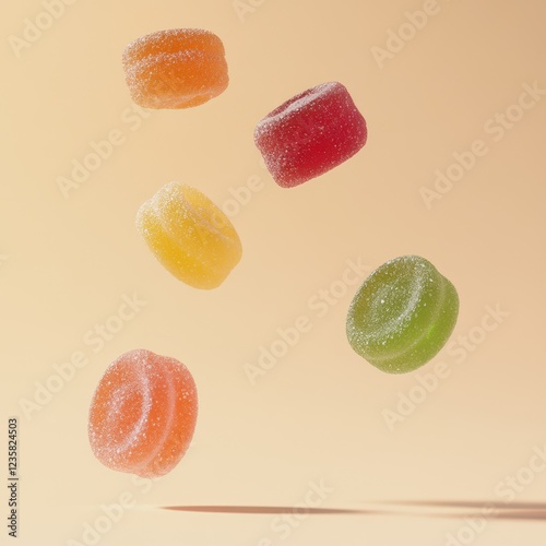 Falling colorful gummies, studio shot, pastel backdrop, food photography photo