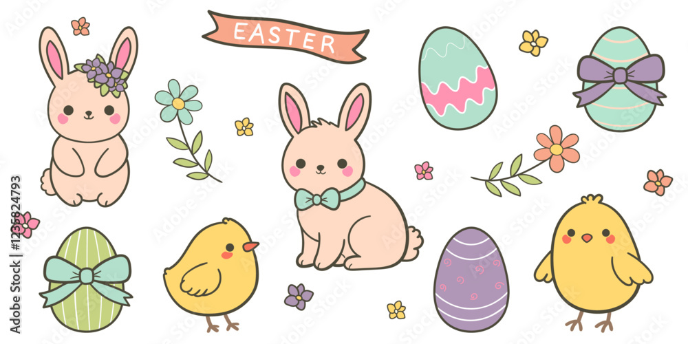 Pastel Easter Illustration with Bunnies and Chicks Pastel Easter Illustration with Bunnies and Chicks