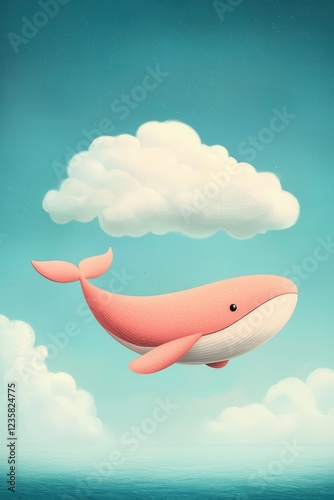 Floating Pink Whale with Clouds in Blue Sky photo