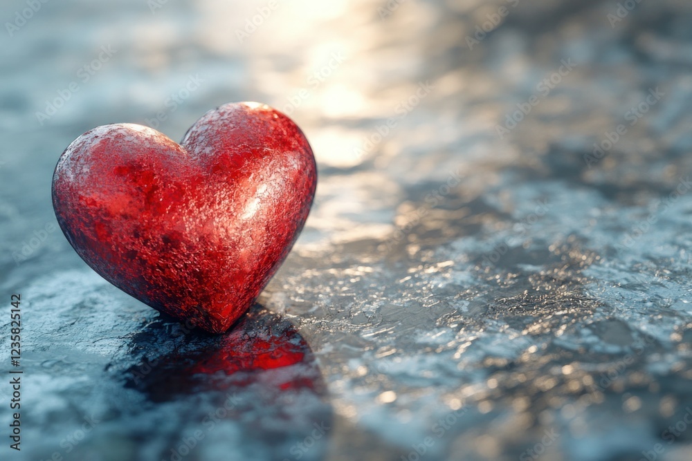 Fototapeta premium Shiny Red Heart on Textured Surface Reflected in Soft Light