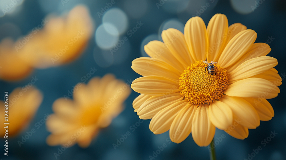 A daisy on a blue background. spring chamomile and bee. chamomile and ladybug.