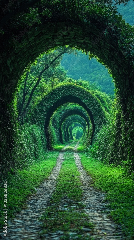 Green tunnel archway path, nature walk, summer. Green tunnel archway path, nature walk, summer.