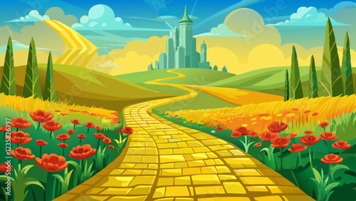 Yellow brick road leading through poppy field to green emerald city in the distance. Wizard of Oz concept. 