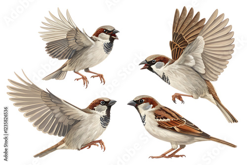 House Sparrow Bird in Various Poses – Flying and Perching, Transparent Png Background  photo