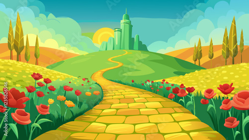 Yellow brick road leading through poppy field to green emerald city in the distance. Wizard of Oz concept. 