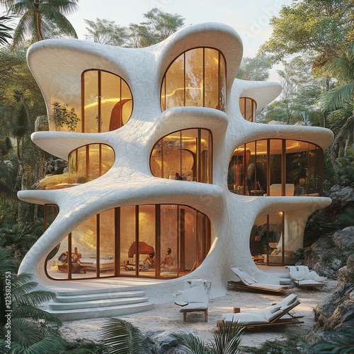 Organic biomorphic house nestled in lush tropical forest showcasing innovative architecture and harmonious design with nature, creating a serene retreat for relaxation and inspiration photo