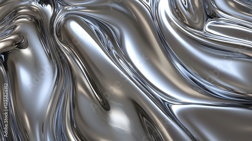 Abstract composition of dynamic flowing metallic liquid sculpture with shimmering futuristic rippling waves of highly reflective polished chrome or stainless steel material  Sleek modern