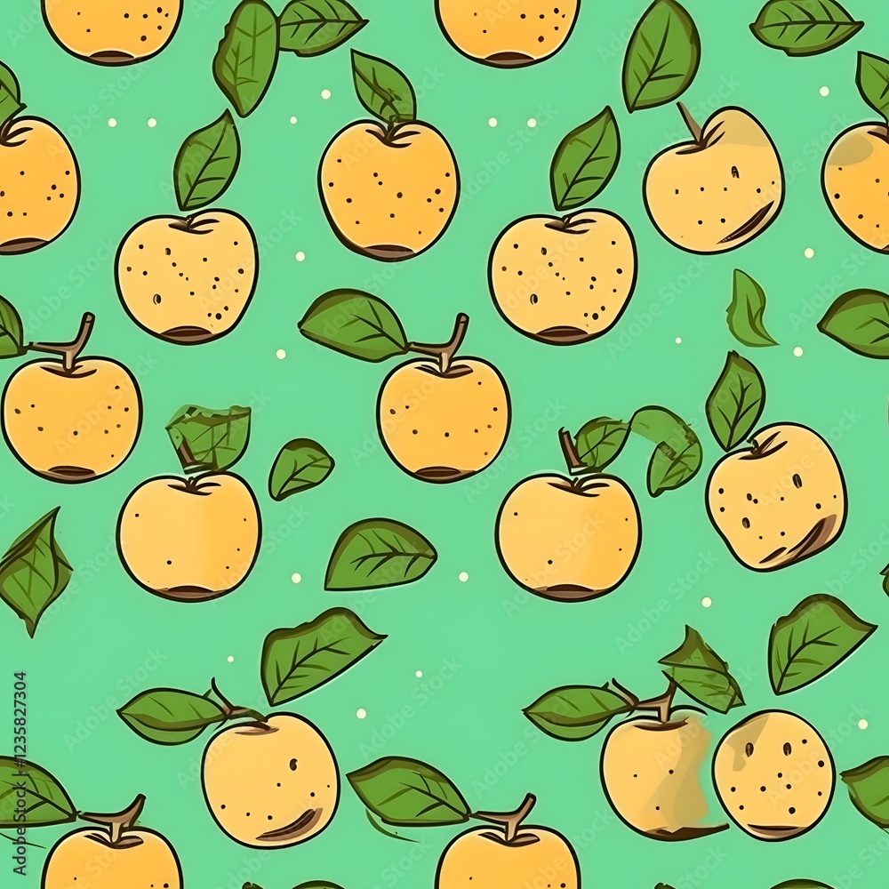 Fototapeta premium Seamless Pattern of Yellow Apples and Green Leaves on Teal Background