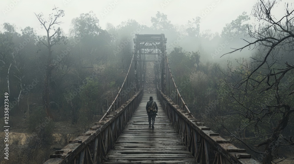 Obraz premium Wary Messenger Delivering in a Misty Forest with a Sealed Package