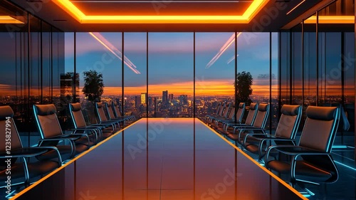 Wallpaper Mural Futuristic Conference Room with Cityscape View at Sunset Torontodigital.ca