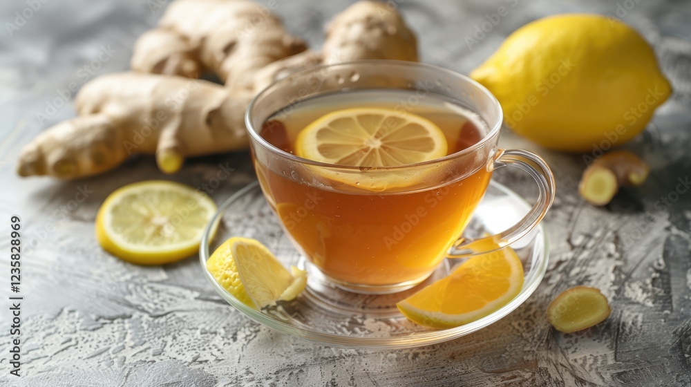 A cup of lemon-ginger tea with slices of fresh lemon and ginger root on a gray background. The concept of a healthy and natural drink. A cup of lemon-ginger tea with slices of fresh lemon and ginger root on a gray background. The concept of a healthy and natural drink.